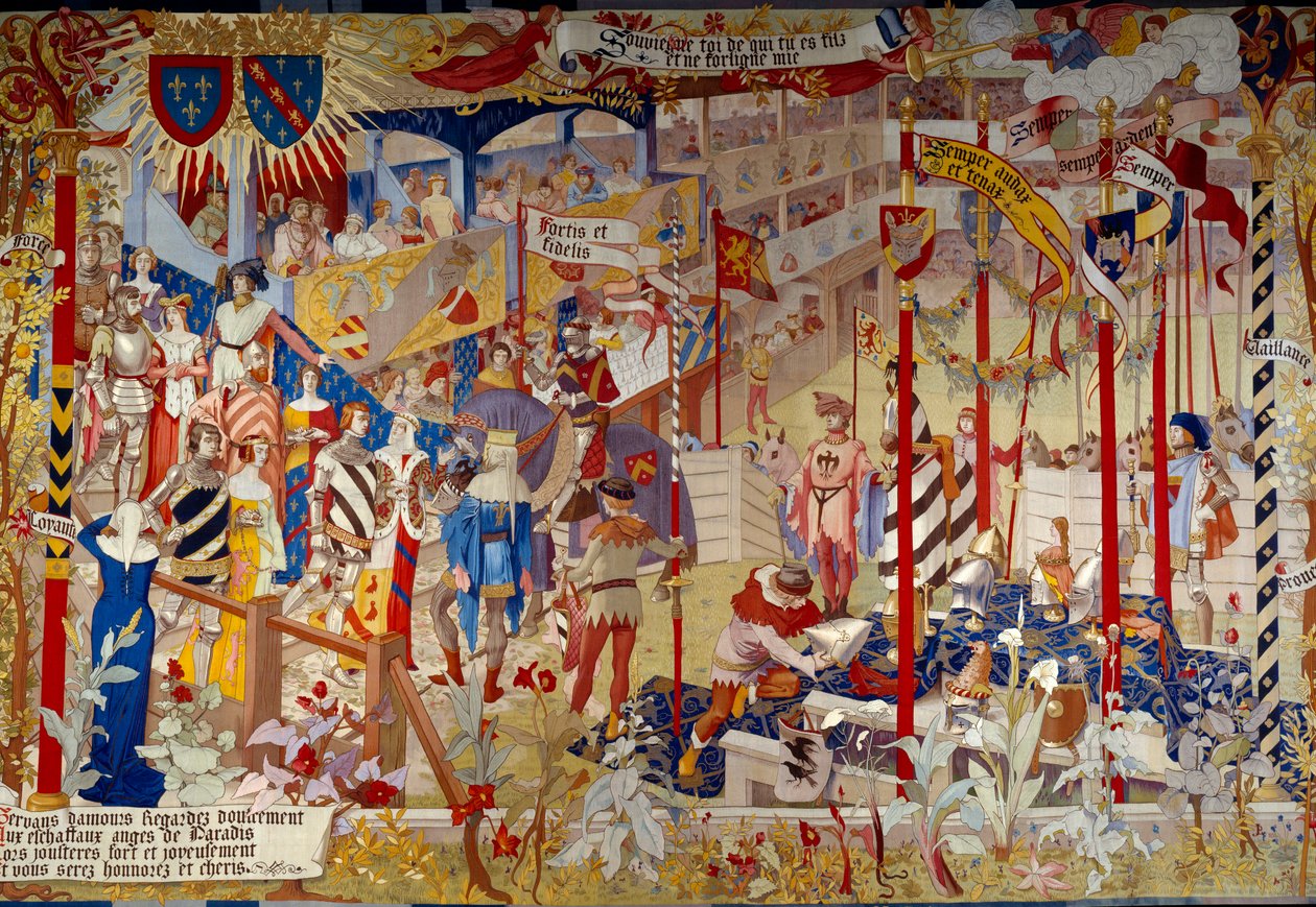 Turneringsscene i slutningen af det 14. århundrede. Tapestry des Gobelins til at dekorere den offentlige sal i Archives Nationales i Paris med et pap malet af kunstneren Jean-Paul Laurens (1838-1921). af Jean Paul Laurens