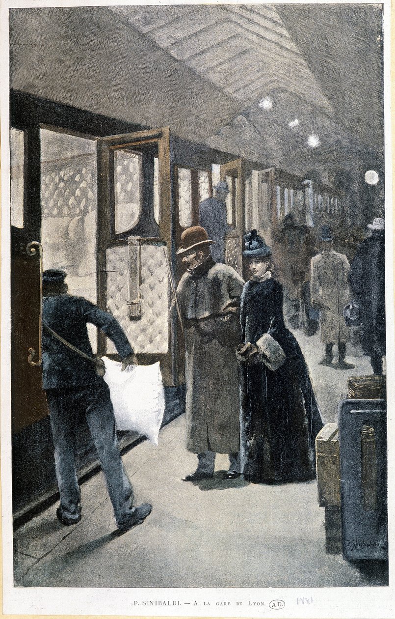 Afgang til nattoget ved Gare de Lyon - tegning af Sinibaldi af Jean Paul Sinibaldi