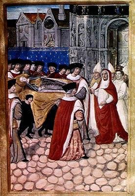 F.28r Ankomsten af hertugindedronningens krop og modtagelse af kardinal Philip af Luxembourg, fra beretningen om Anne af Bretagnes begravelse (1477-1514) 1515 af Jean Perreal