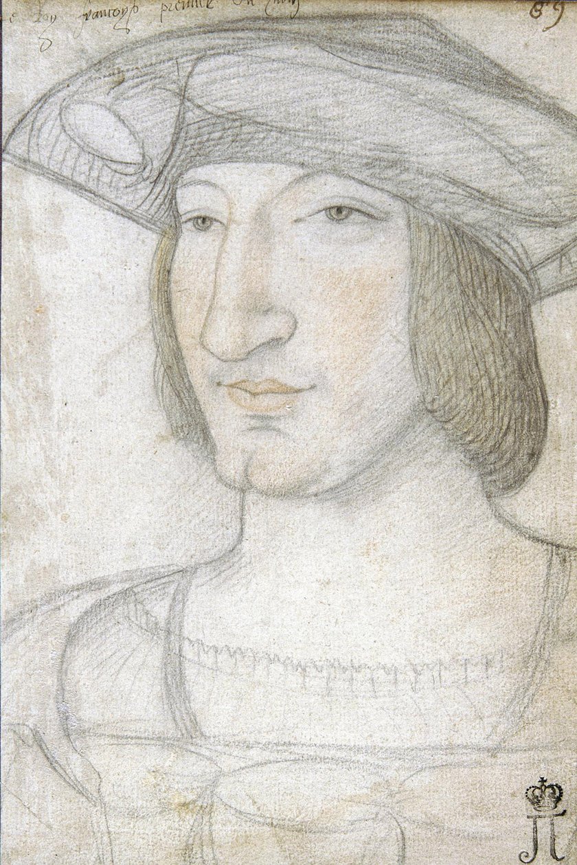 Portræt af Frans I (1494-1547), konge af Frankrig par Perreal, Jean (ca. 1460-1530). Sort kridt og sangvin på papir, størrelse: 19,1x13,2, første halvdel af 1500-tallet, State Hermitage, St. Petersburg af Jean Perreal