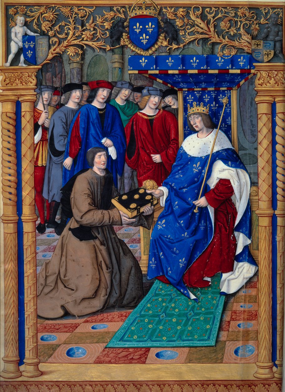 Francesco Petrarca eller Petrarca præsenterer sin bog til kongen af ​​Frankrig Ludvig XII. I miniature i ""Remedier mod begge formuer. De remediis utriusque fortunae"" af Petrarch (1304-1374) og belyst af Jean Pichore omkring 1503. Paris, NL af Jean Pichore