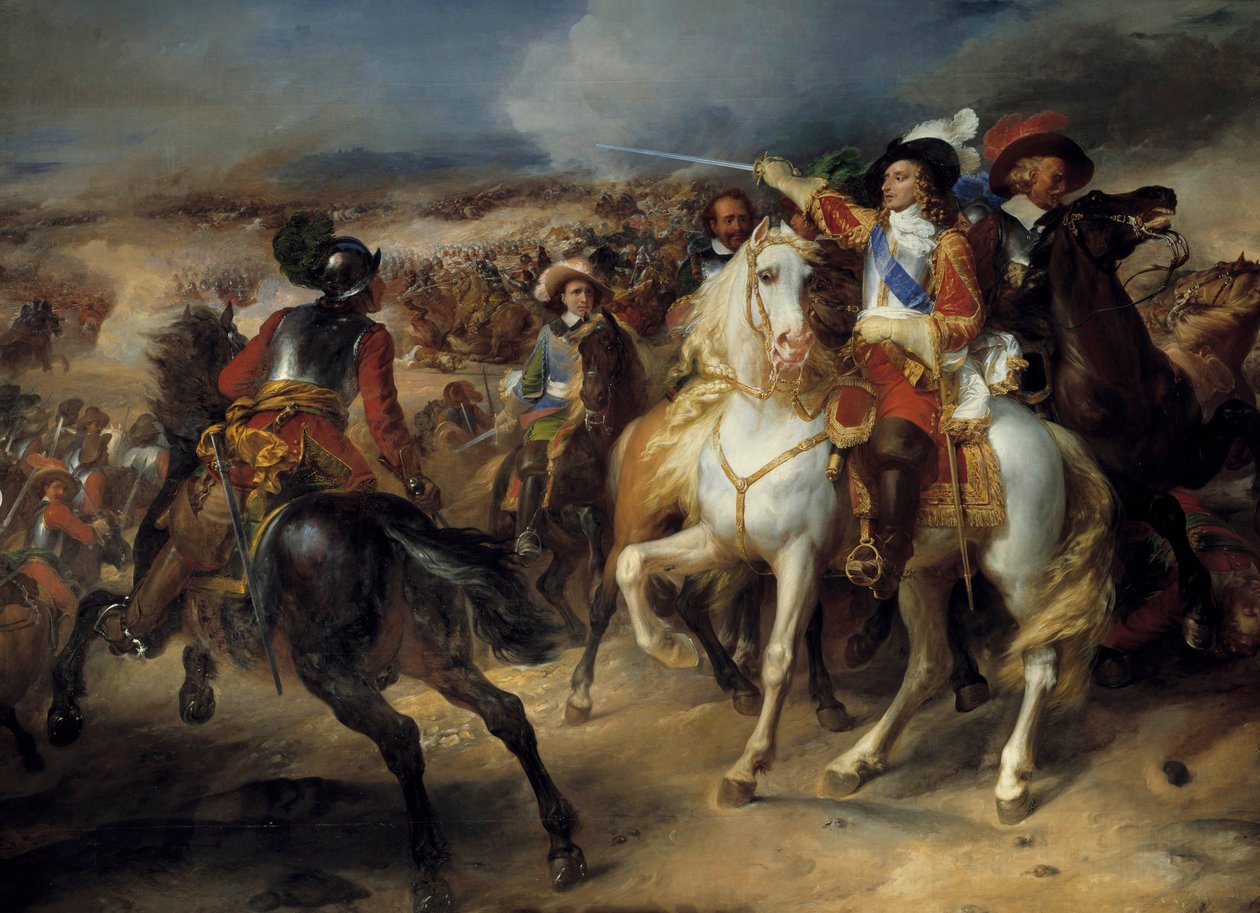 Trediveårskrig (1618-1648): "" Ludvig II af Bourbon, Prins af Conde (Bourbon-Conde) (Grand Conde) (1621-1686) i slaget ved Lens, 20. august 1648, sejr over spanierne under kommando af Ærkehertug Leopold”” Repræsentation af Ludvig II af Bourbon, 4. Pr af Jean Pierre Franque