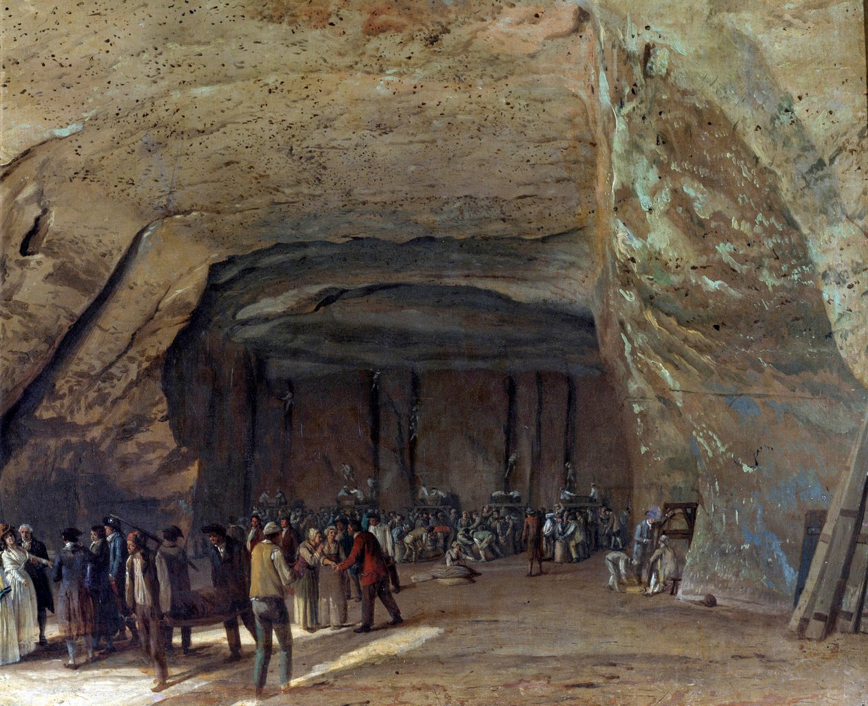 Kælder som saltlager i Dieppedalle omkring 1789 Arbejdere i saltbrud. Maleri af Jean pierre Houel (1735-1813) 1789 cirka søn. 0,65x0,97 m Rouen, musee des Beaux Arts - Hule brugt som lager for salt i Dieppedalle omkring 1789. W af Jean Pierre Houel