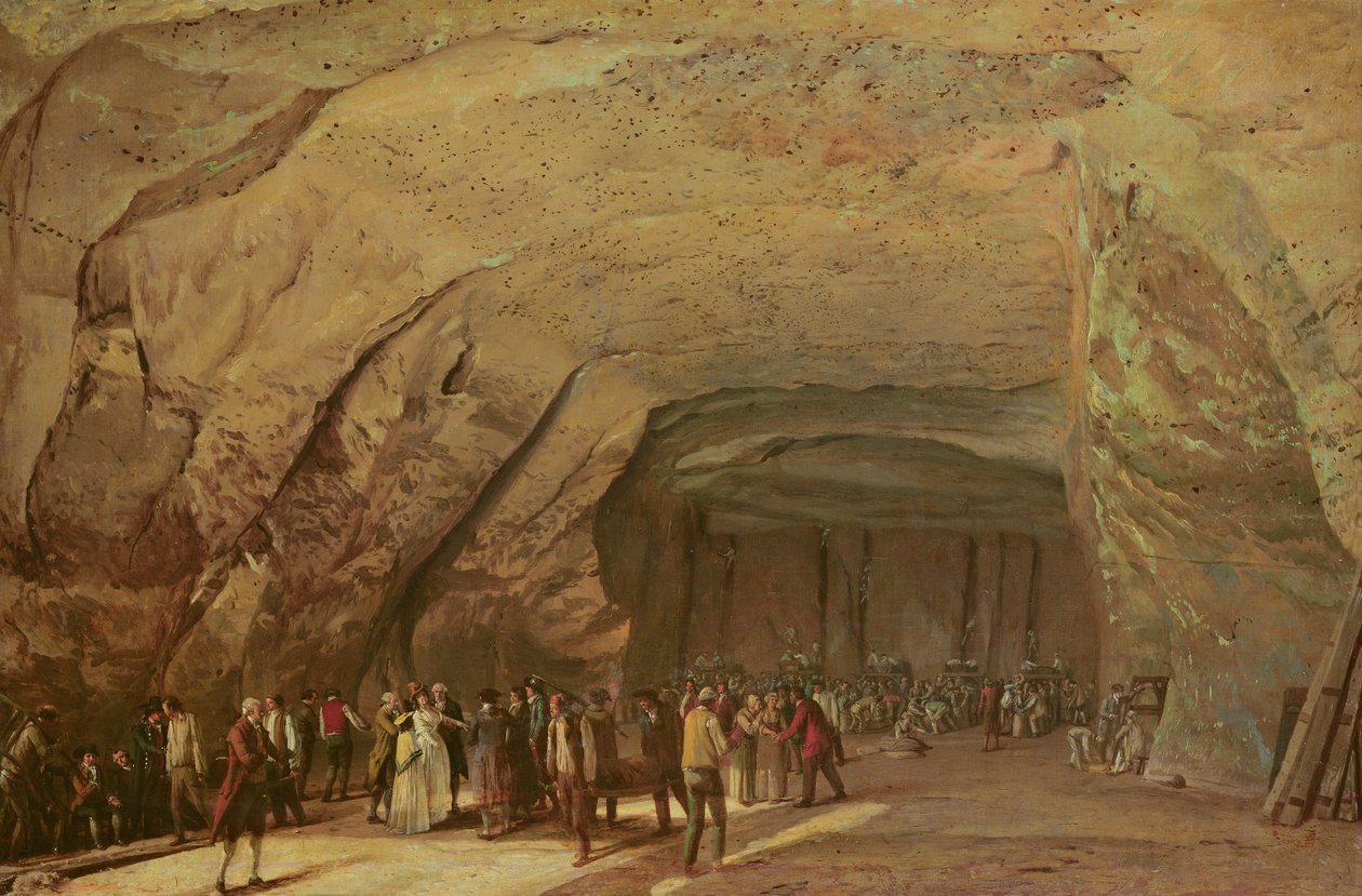 Indgang og interiør af en hule brugt som lager for salt i Dieppedalle, ca. 1798 af Jean Pierre Houel