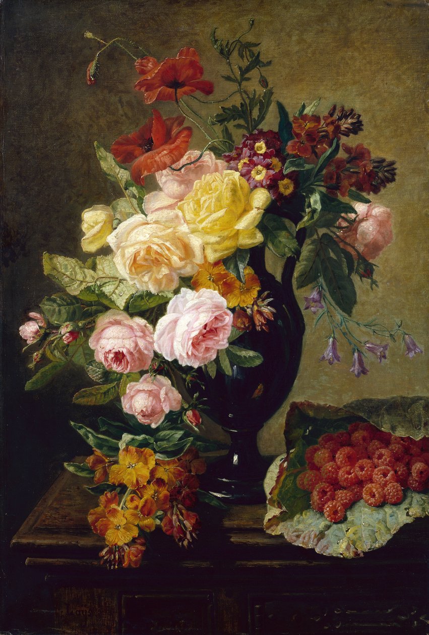 Roser, valmuer, vægblomster i en vase med hindbær (olie på lærred) af Jean Pierre Lays