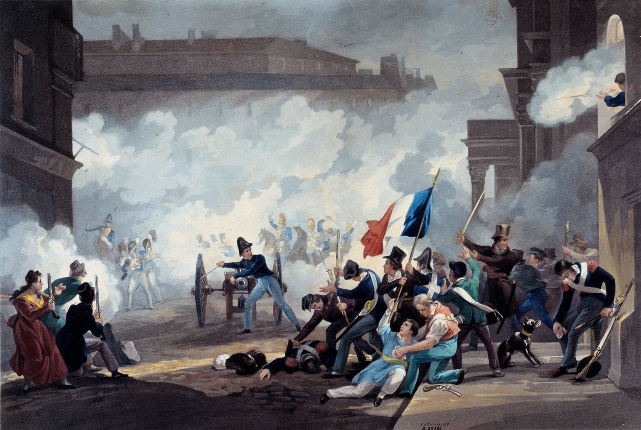 Revolution i 1830: En elev fra Ecole Polytechnique beslaglagde et stykke kanon under erobringen af Palais-Royal den 28. juli af Jean Pierre Marie Jazet