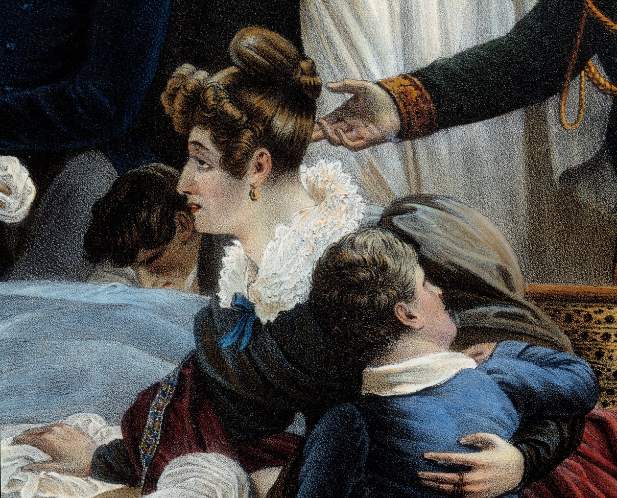 Napoleons død, 5/05/1821 i Saint Helenedetail repræsenterende Fanny Bertrand, hustru til Henri Gatien Bertrand (1773-1844). Litografi af Jean Pierre Marie Jazet (1788-1871) baseret på maleriet af Charles Auguste Steuben (1788-1856) Malmaison. Chateau af Jean Pierre Marie Jazet