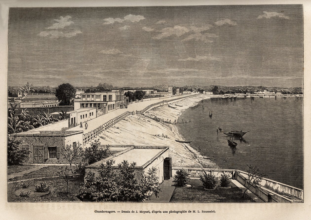 Chandernagor (nuværende Chandannagar, i Vestbengalen), ved bredden af Ganges, gravering efter tegningen af J. Moynet, der illustrerer Rajahernes rejse i Indien, i 1864-1868, af Louis Rousselet, udgivet i "" Le tour du monde”” 1874, redigeret af Jean Pierre Moynet
