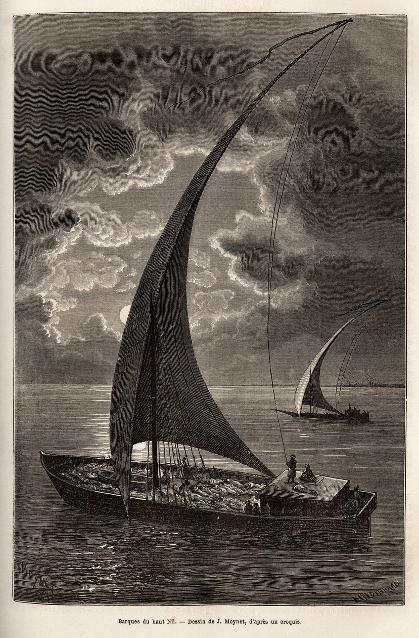 Les barques du haut Nile, reduceret besætning og passagerer, der sover på dækket, i måneskin, gravering efter J. Moynets tegning, der illustrerer rejsen til Afrikas hjerte i 1868-1871, af Dr. Georges Schweinfurth, udgivet i "" Le tour du monde”” 1874, udg af Jean Pierre Moynet