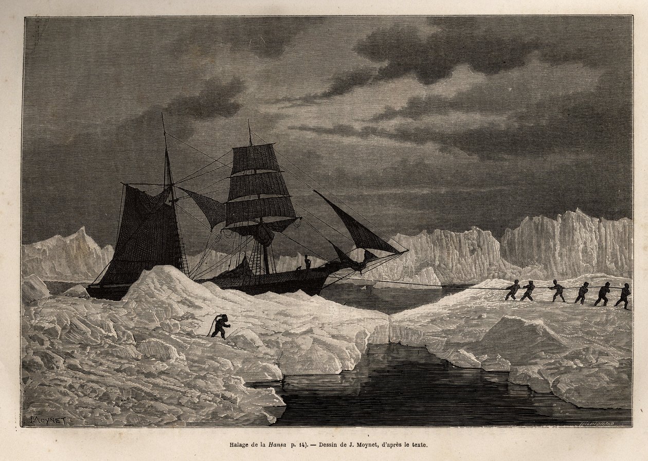 Indhalingen af det tyske skib La Hansa af dets besætning for at krydse en isbarriere til sejlbare farvande, indgraveret efter J.Moynets tegning, der illustrerer skibene La Germania og La Hansas rejse til Nordpolen i 1869-1870, af Kaptajn Hegemann, udg af Jean Pierre Moynet