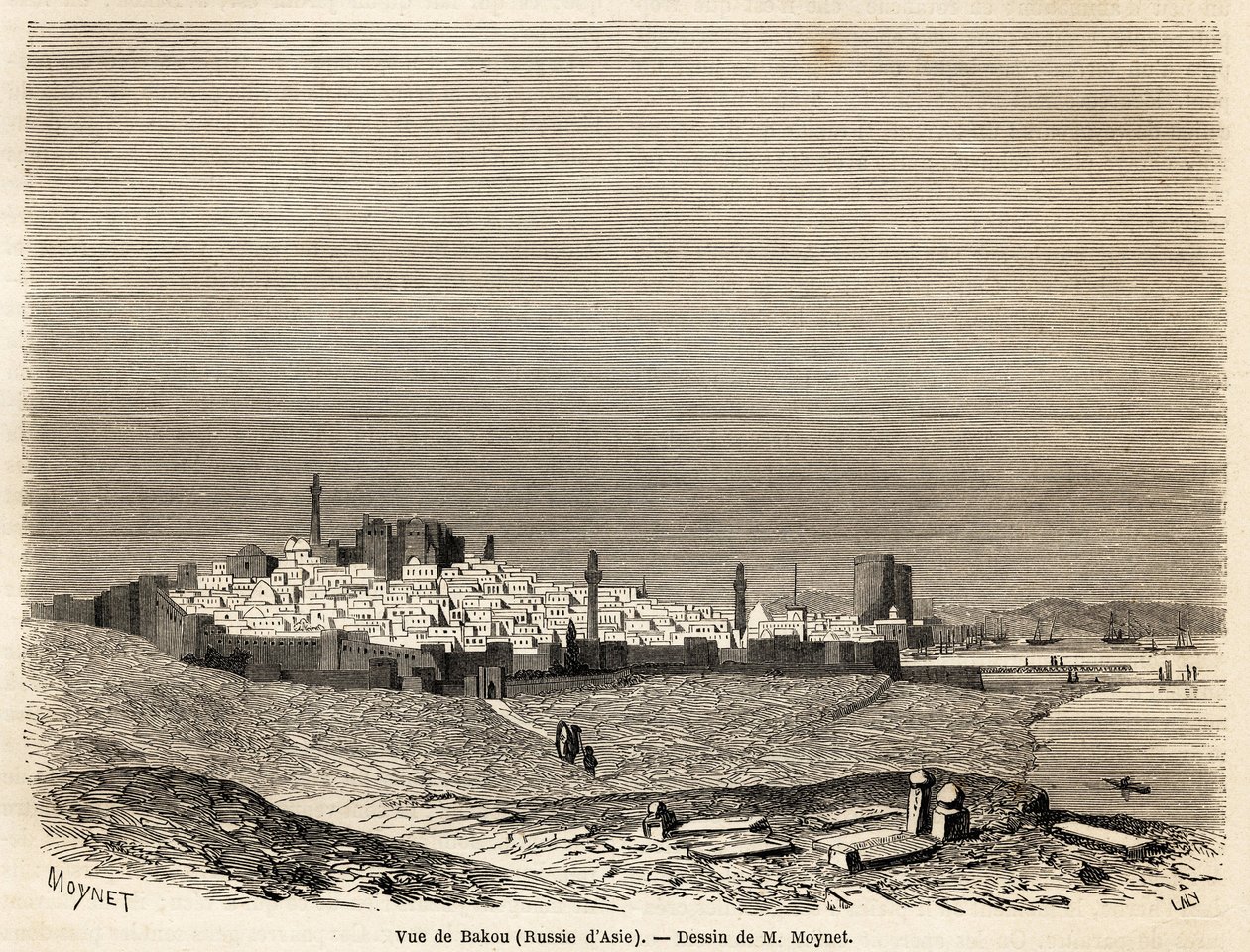 Udsigt over Baku (Rusland, Aserbajdsjan), tegning af Mr. Moynet, for at illustrere rejsen til Det Kaspiske Havs kyst, i oktober 1858, af Mr. Moynet. Indgravering i "" Le tour du monde, nouveau journal des voyages"" Paris af Jean Pierre Moynet