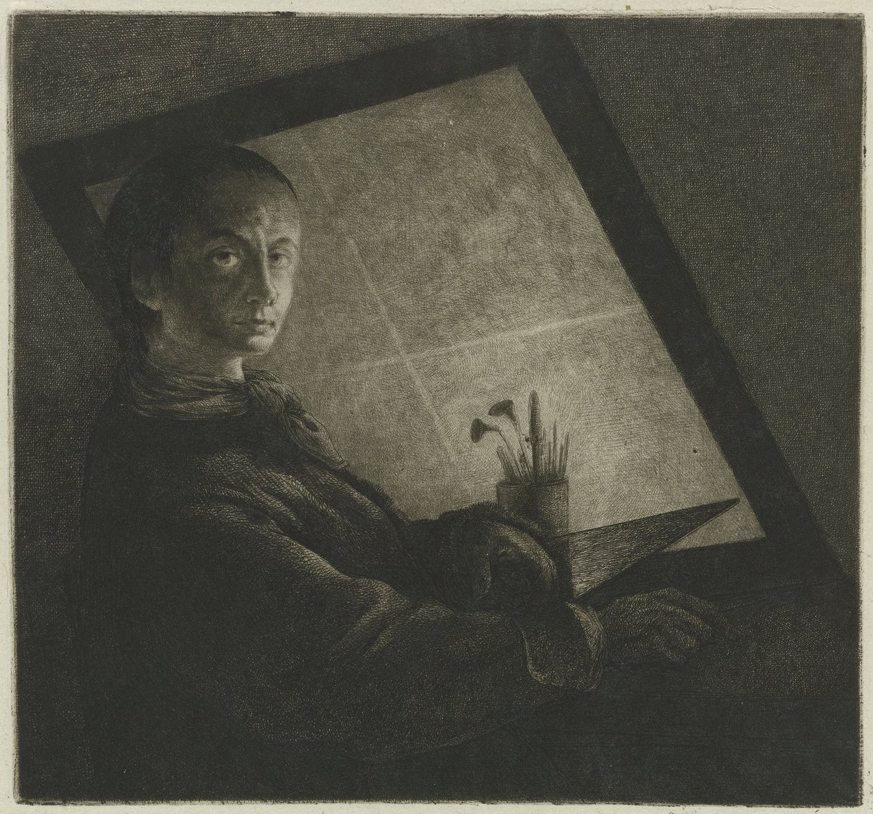 Selvportræt som gravør af Jean Pierre Norblin de La Gourdaine