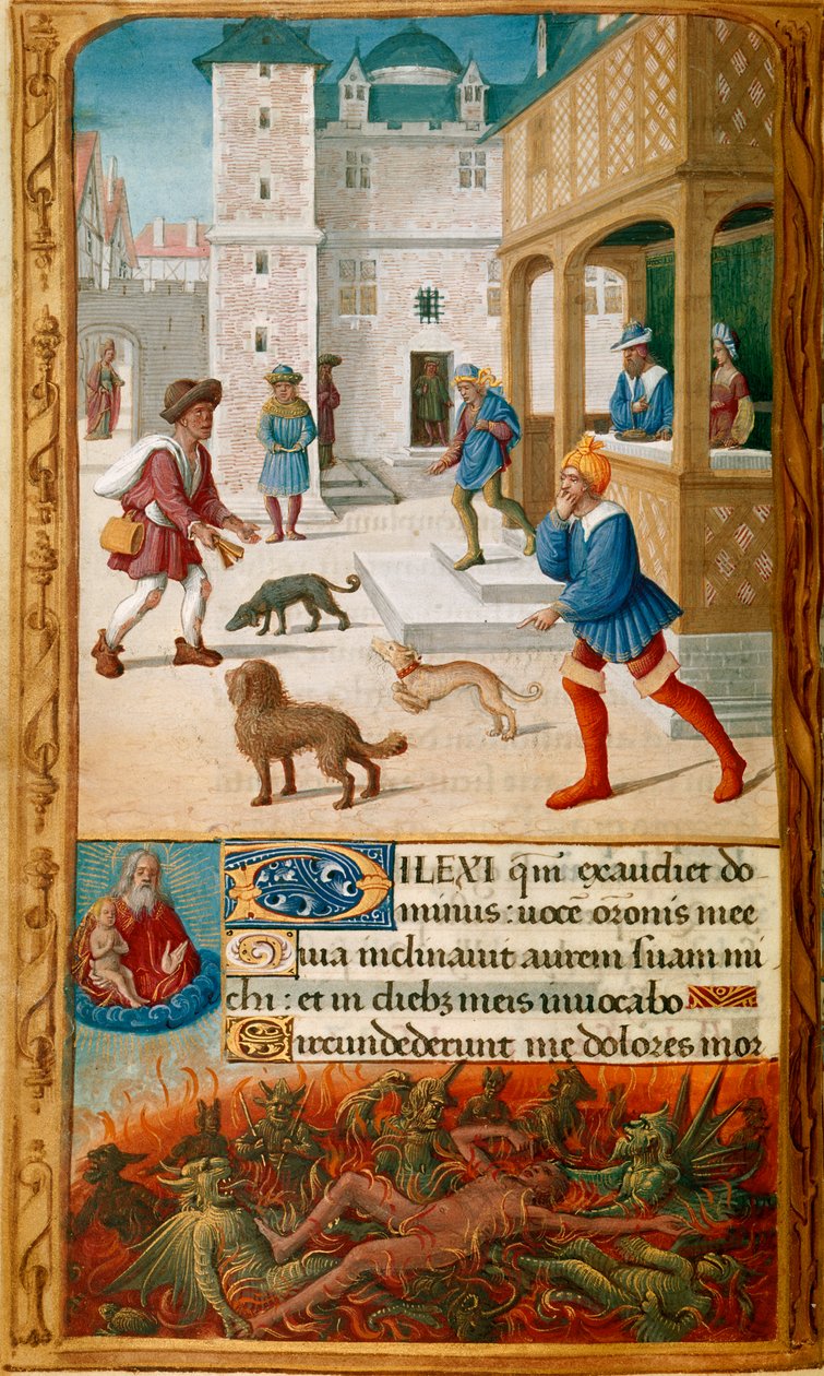 Yates Thompson 5, f.70v, Miniature with Dives, fester med sin kone og nærmet sig af Lazarus, i et bybillede, efterfulgt i den nedre grænse af Dives plaget af dæmoner og overvåget af Lazarus