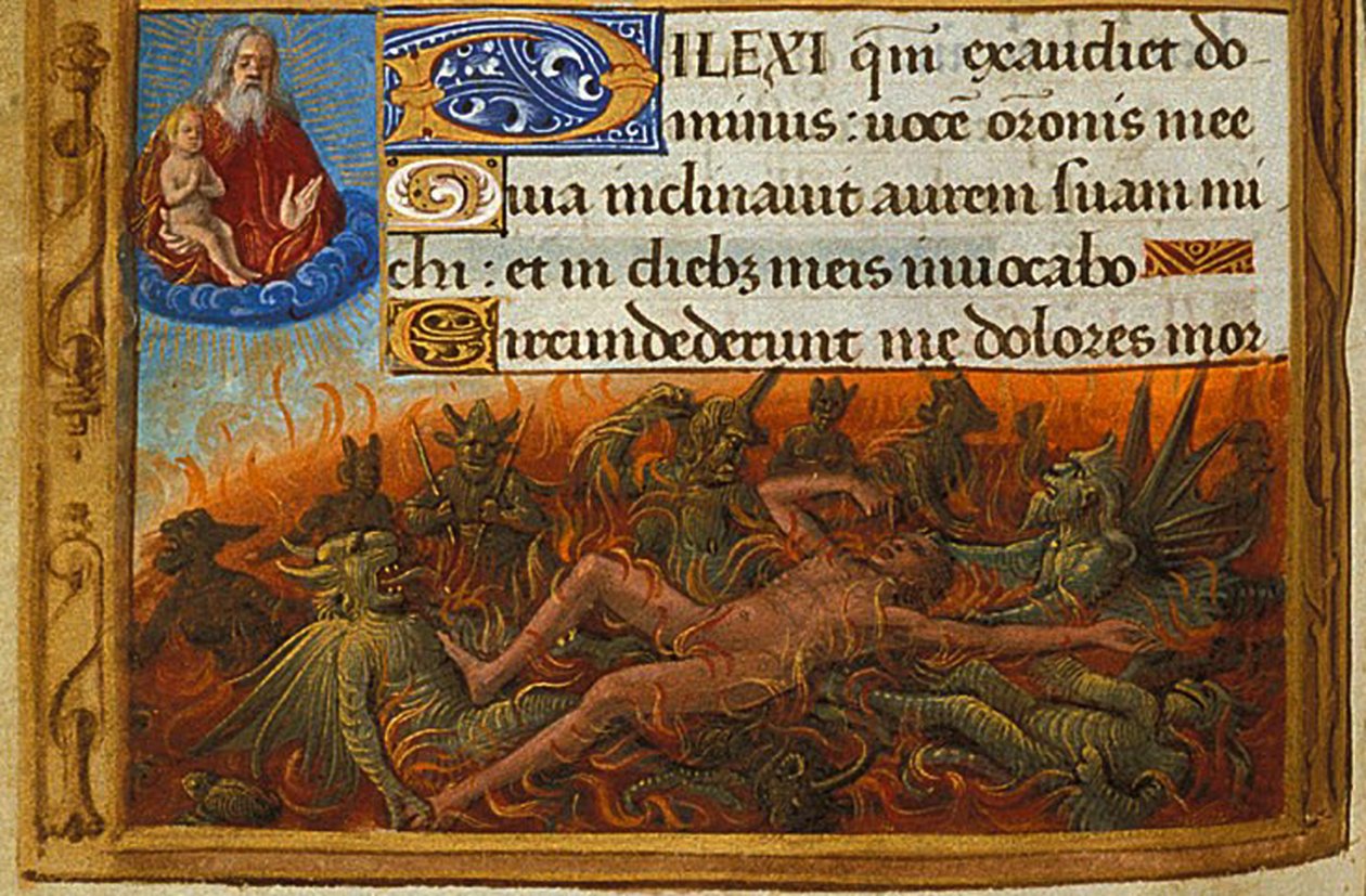 Timebog, detalje: Dyk plaget af dæmoner og overvåget af Lazarus sjæl, ca. 1500 af Jean Poyet
