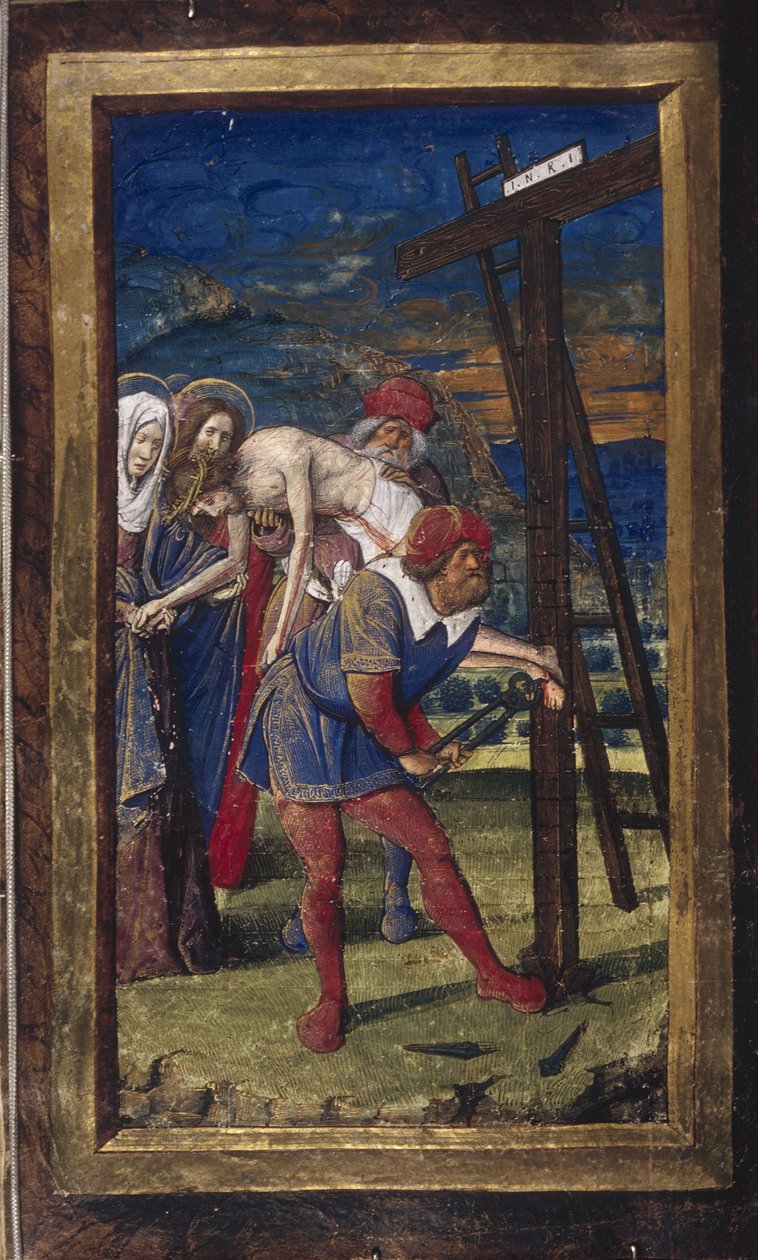 Nedstigningen fra korset fra Lettres bâtardes, ca 1490-1510 af Jean Poyet
