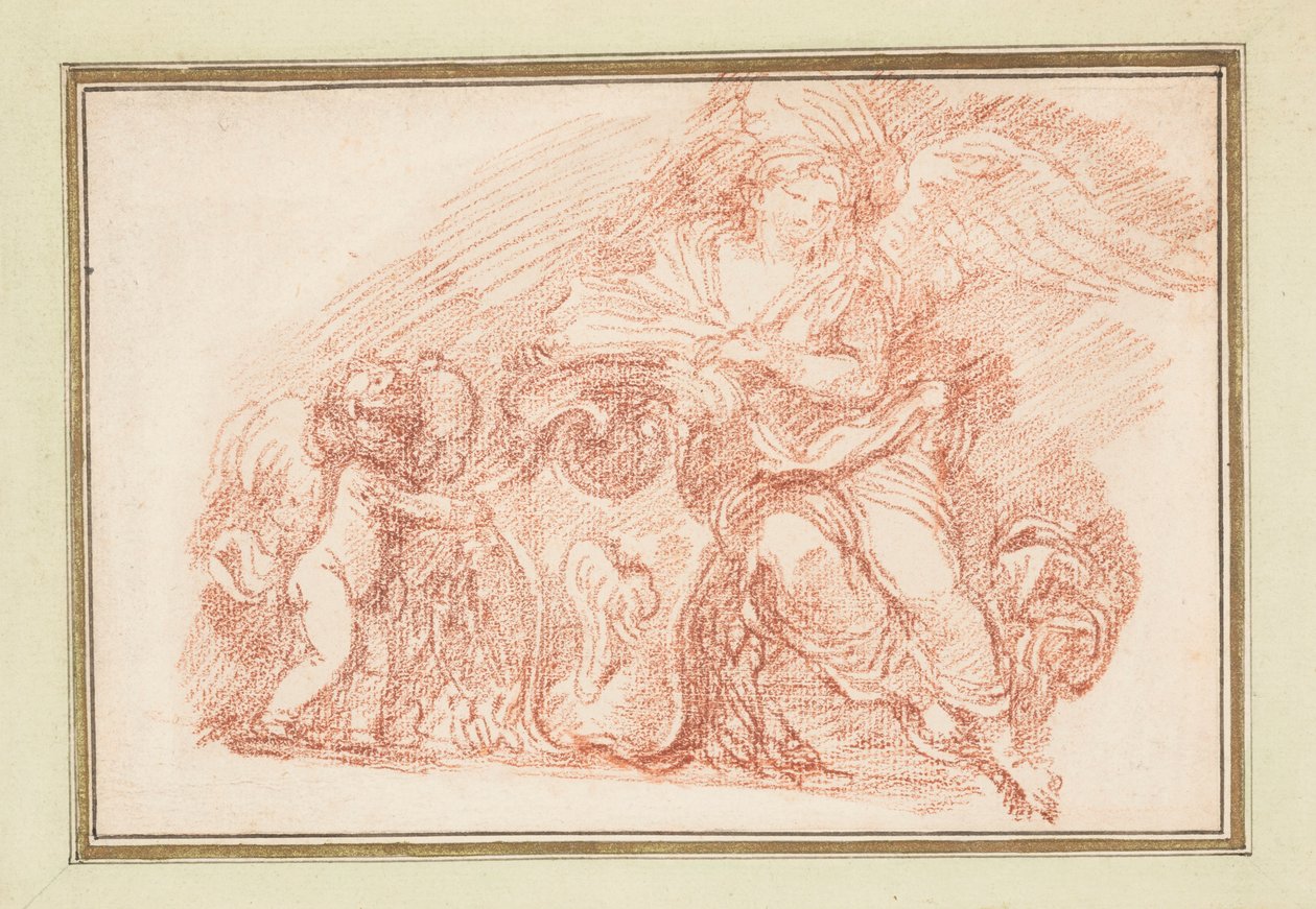 Bevinget figur og putto støtteskjold af Jean Robert Ango