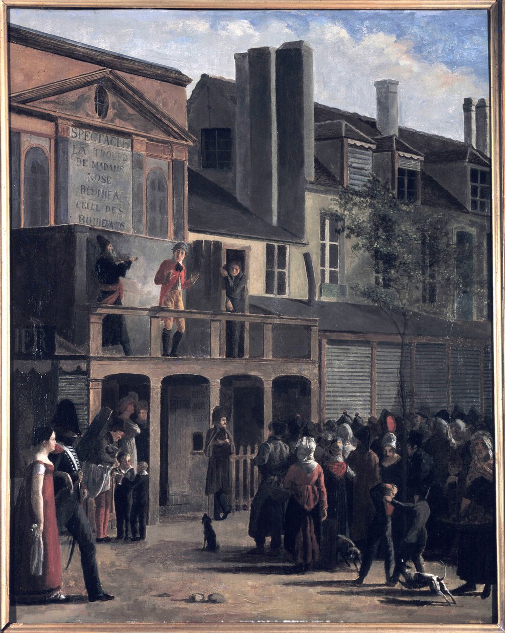 La Parade de Bobèche et Galimafre, maleri af Jean Roller, der repræsenterer en folkemængde, der ser et gadeshow. Oliemaleri fra det 19. århundrede. af Jean Roller