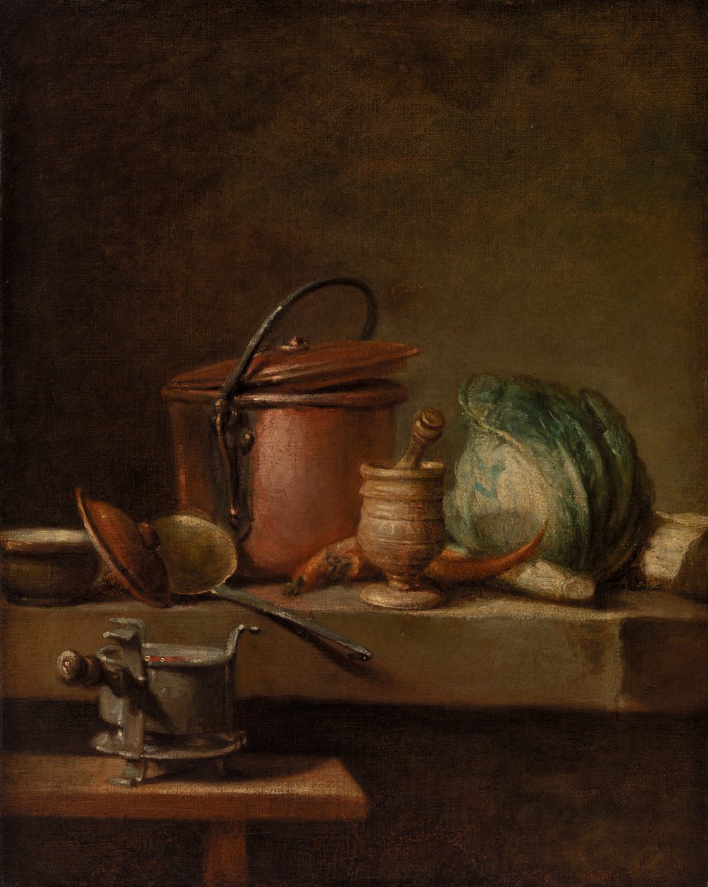Stilleben med kobbergryde, kål, støder og komfur af Jean Baptiste Simeon Chardin