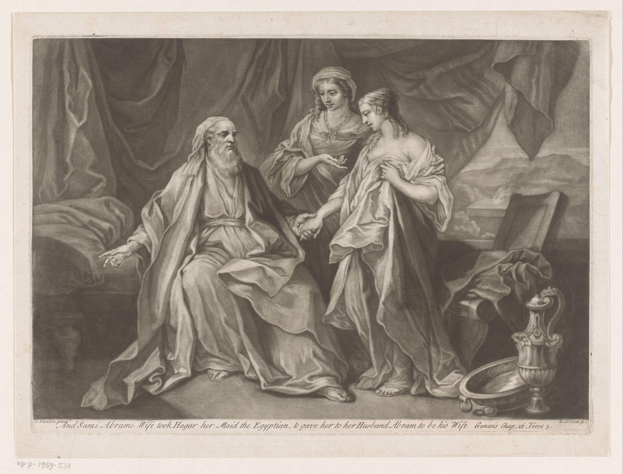 Sara stelt Hagar voor aan Abraham Og Sarai Abrams Hustru tog Hager sin Tjenestepige, den egyptiske, og gav hende til sin Mand Abram for at være hans Hustru (titel på objektet) af Jean Simon