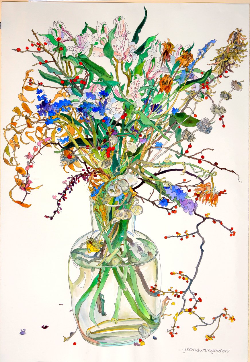 Alstroemeria, Statice, Honesty Calendula, tørre blade, bær af Jean Swan Gordon