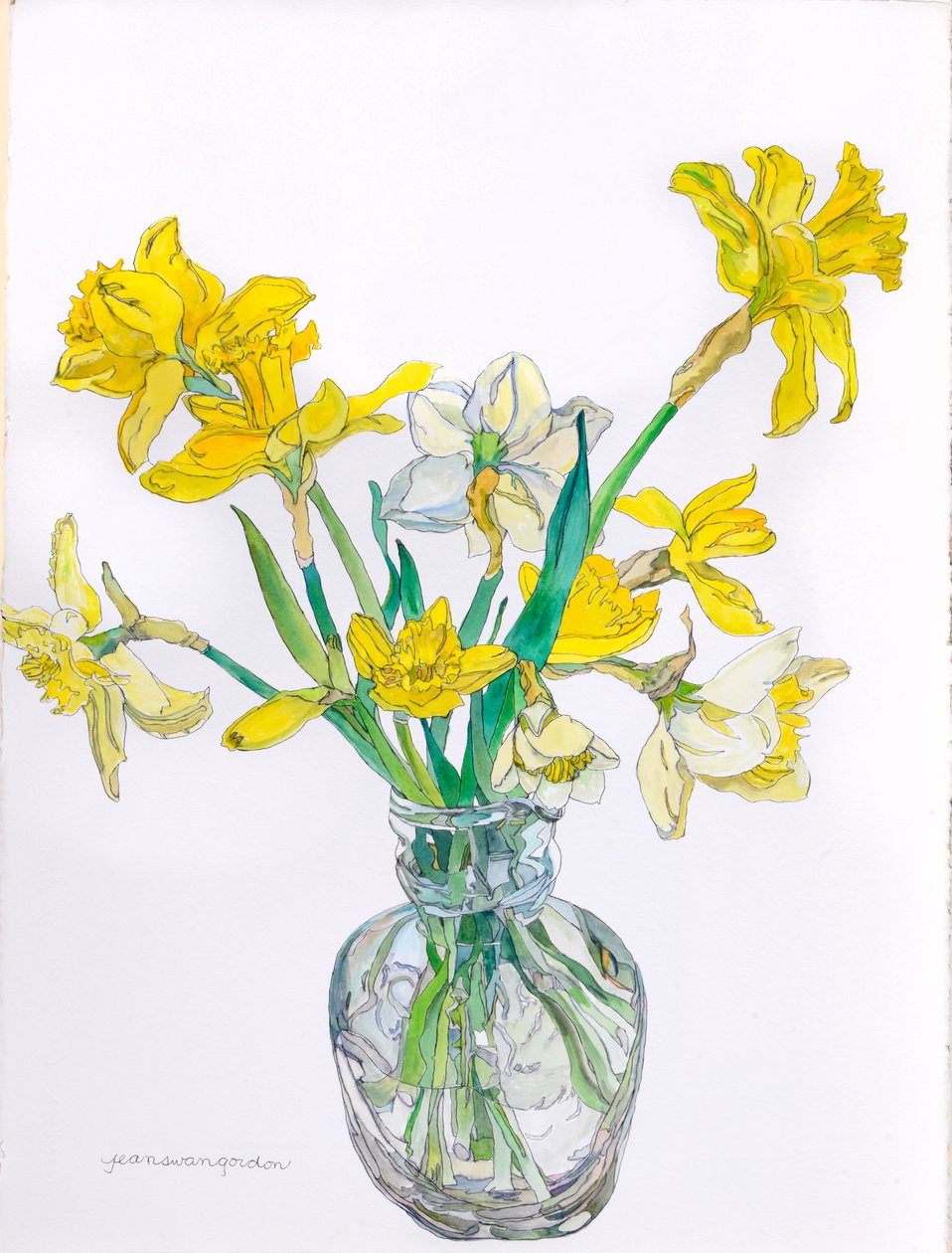 Påskeliljer i en smalhalset vase, 2006 (akvarel og blæk på papir) af Jean Swan Gordon