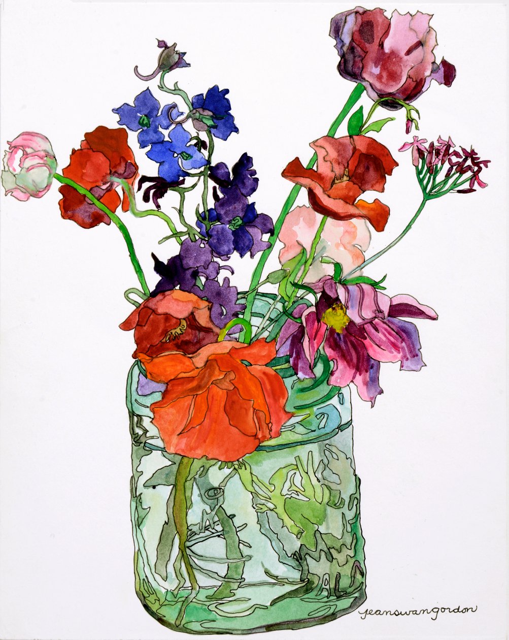Delphiniums, Poppies  Others in Jar, 2011 (akvarel og blæk på papir) af Jean Swan Gordon