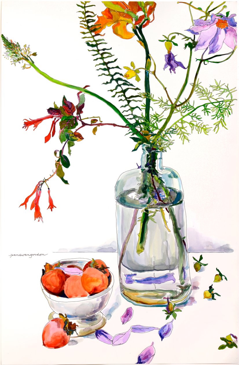Blomsterstudie med granatæbler (akvarel og blæk på papir) af Jean Swan Gordon