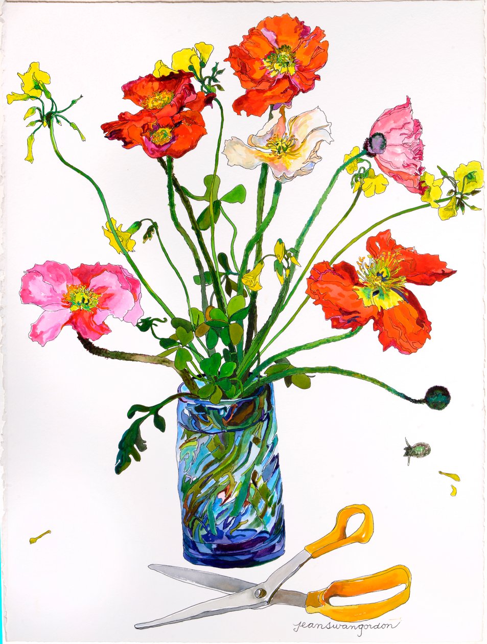 Poppies, Blue Vase  Scissors (akvarel og blæk på papir) af Jean Swan Gordon