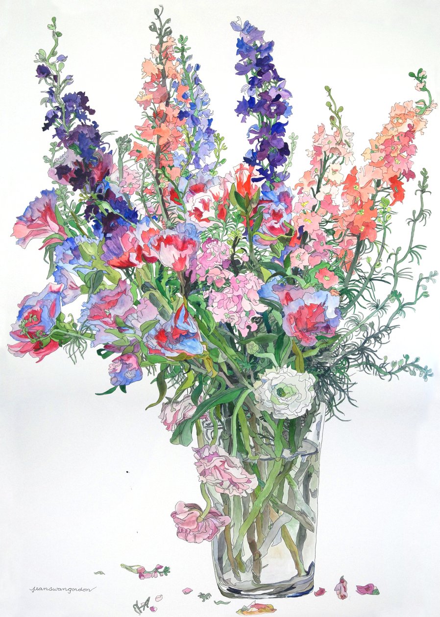 Ranunkel, Godetia, Delphiniums, 2000 (akvarel og blæk på papir) af Jean Swan Gordon