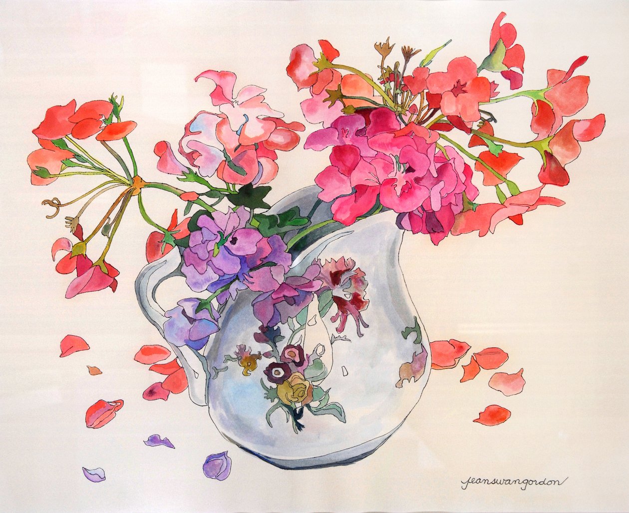 Forårsblomster i Limoges Du Barry Creamer (akvarel og blæk på papir) af Jean Swan Gordon