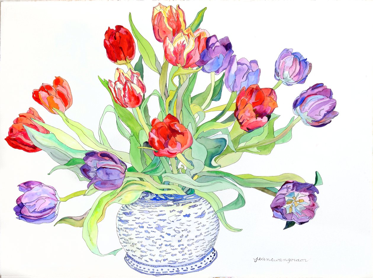Tulipaner i skål med malet fiske- og fugledesign, 2006 (akvarel og blæk på papir) af Jean Swan Gordon