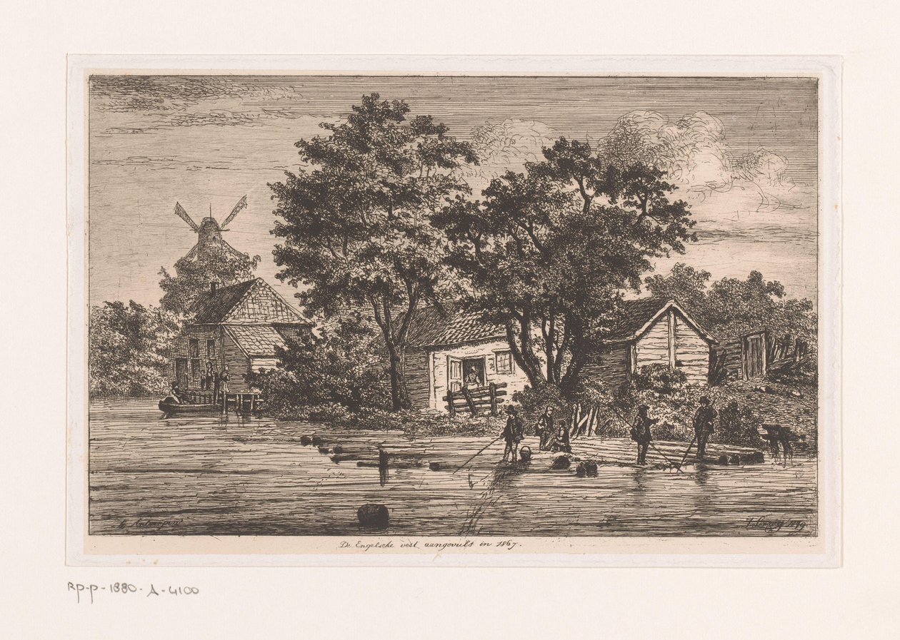 Udsigt over den engelske vest i Antwerpen, hvorpå træstammer er samlet, bygninger og en mølle i baggrunden Den engelske vest færdiggjort i 1867 (titel på objekt) af Jean Théodore Joseph Linnig