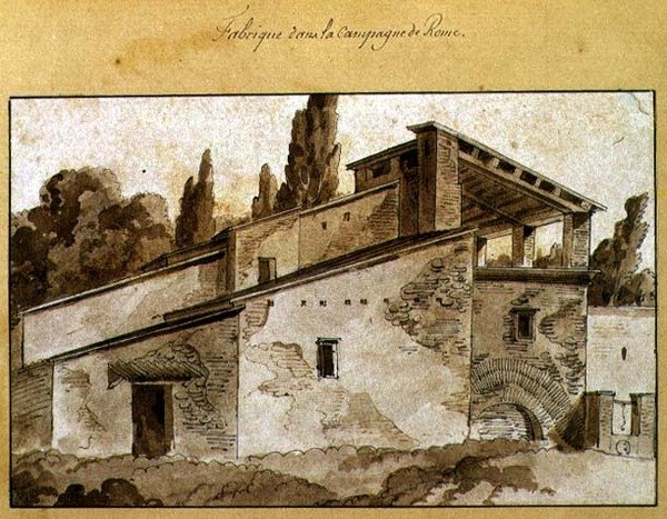 Fabrik på landet omkring Rom (pen og blæk med sepia vask på papir) af Jean Thomas Thibault