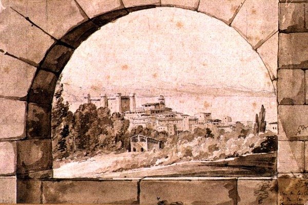 Udsigt over byen og søen Bracciano, ca. 1810 (pen & sepia blæk med sepia vask på papir) af Jean Thomas Thibault