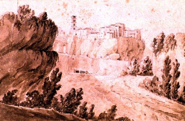 Udsigt over byen Bracciano, ca. 1810 (pen & sepia blæk og vask på papir) af Jean Thomas Thibault
