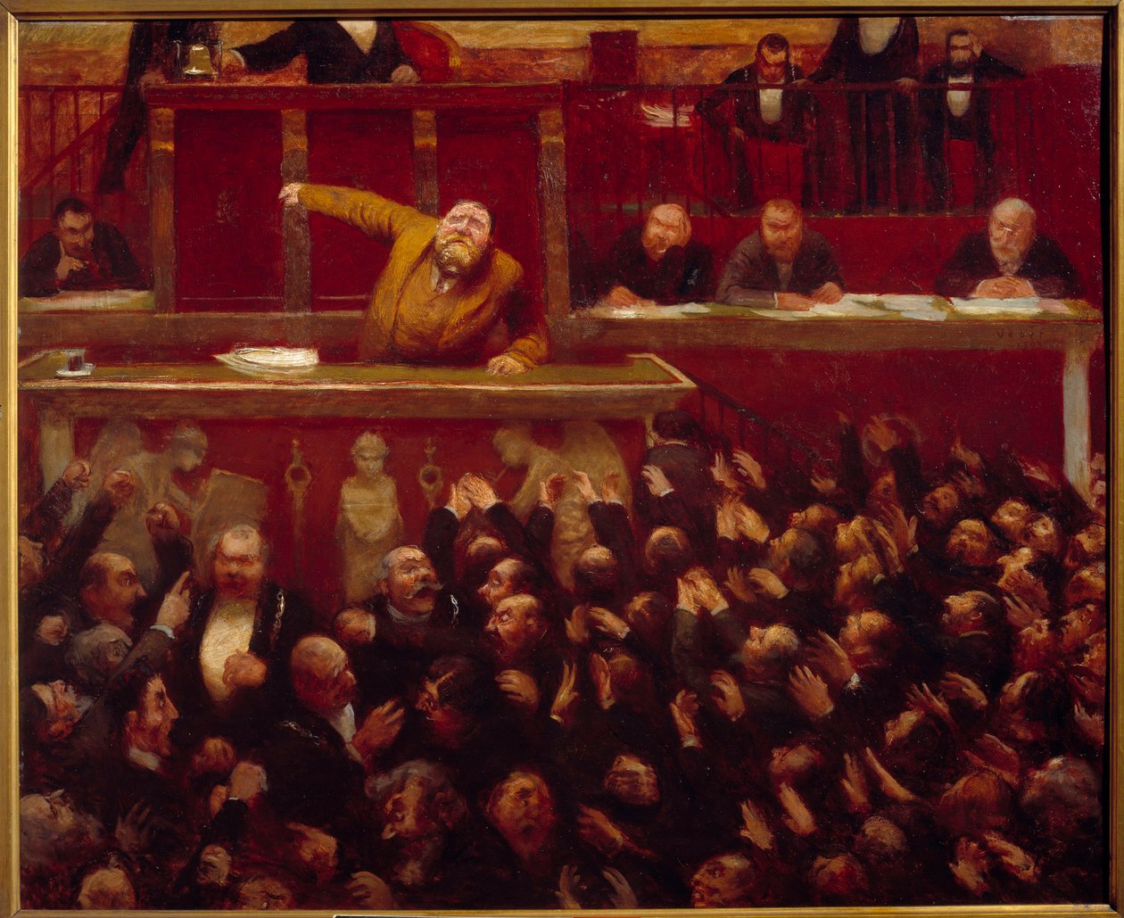 Socialistisk stedfortræder Jean Jaures (1859-1914) ved Deputeretkammerets tribune Maleri af Jean Veber (1868-1928) 1903 Paris, Carnavalet museum - Den franske socialistiske leder Jean Jaures (1859-1914) taler ved Kammertribunen af deputerede. Pa af Jean Veber