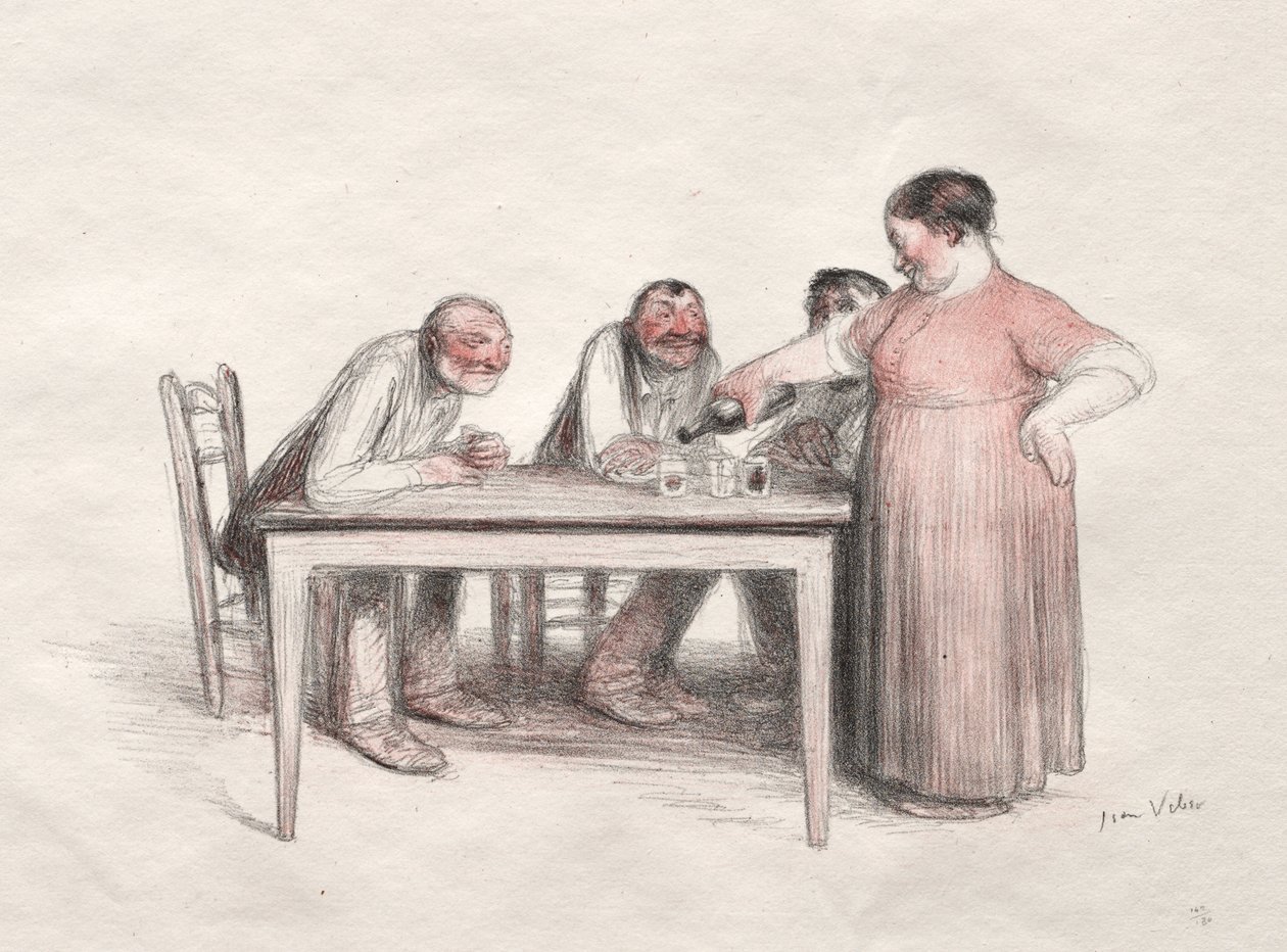 The Glass of Wine (farvelitografi) af Jean Veber