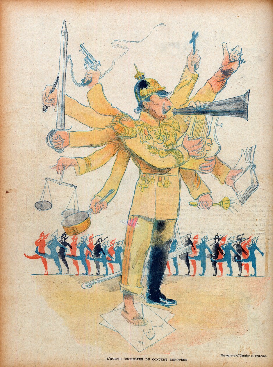 William II (1859-1941) (Kaiser Wilhelm II, tysk kejser og konge af Preussen) - mandeorkestret for den europæiske koncert - karikatur i "" Le Rire"" af 26. november 1898 - karikatur af Jean Veber (1864-1928) - nummer tilegnet Vilhelm II (1859-1941) a af Jean Veber