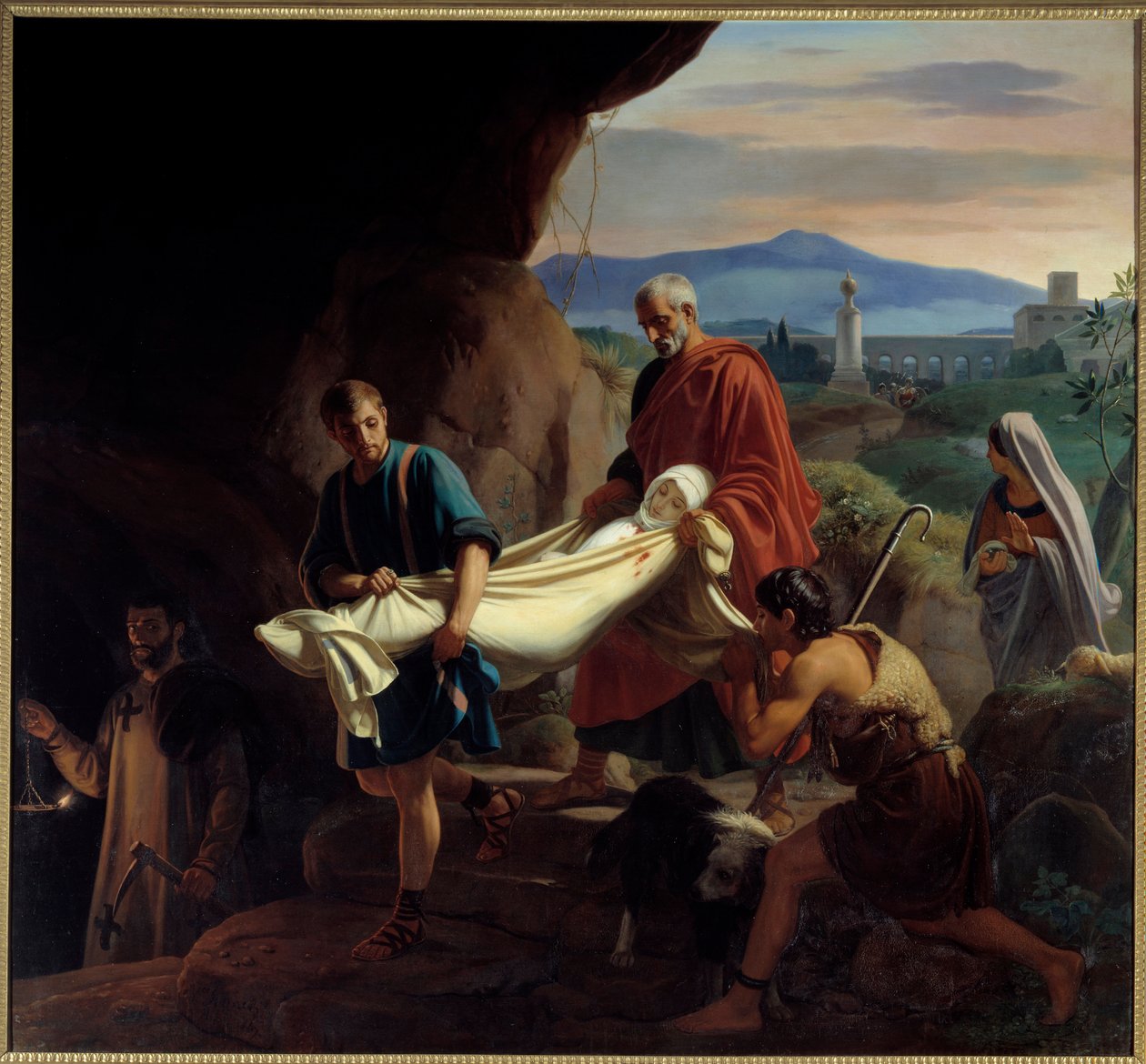 Begravelse af en ung kristen kvinde i katakomberne i Rom på tidspunktet for forfølgelse. Maleri af Victor Schnetz (1787 - 1870) af Jean Victor Schnetz