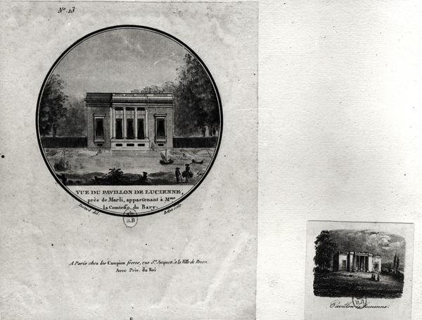 Udsigt over en pavillon i Louveciennes bygget af Claude-Nicolas Ledoux (1736-1806) til Madame du Barry (wc på papir) af Jean Testard