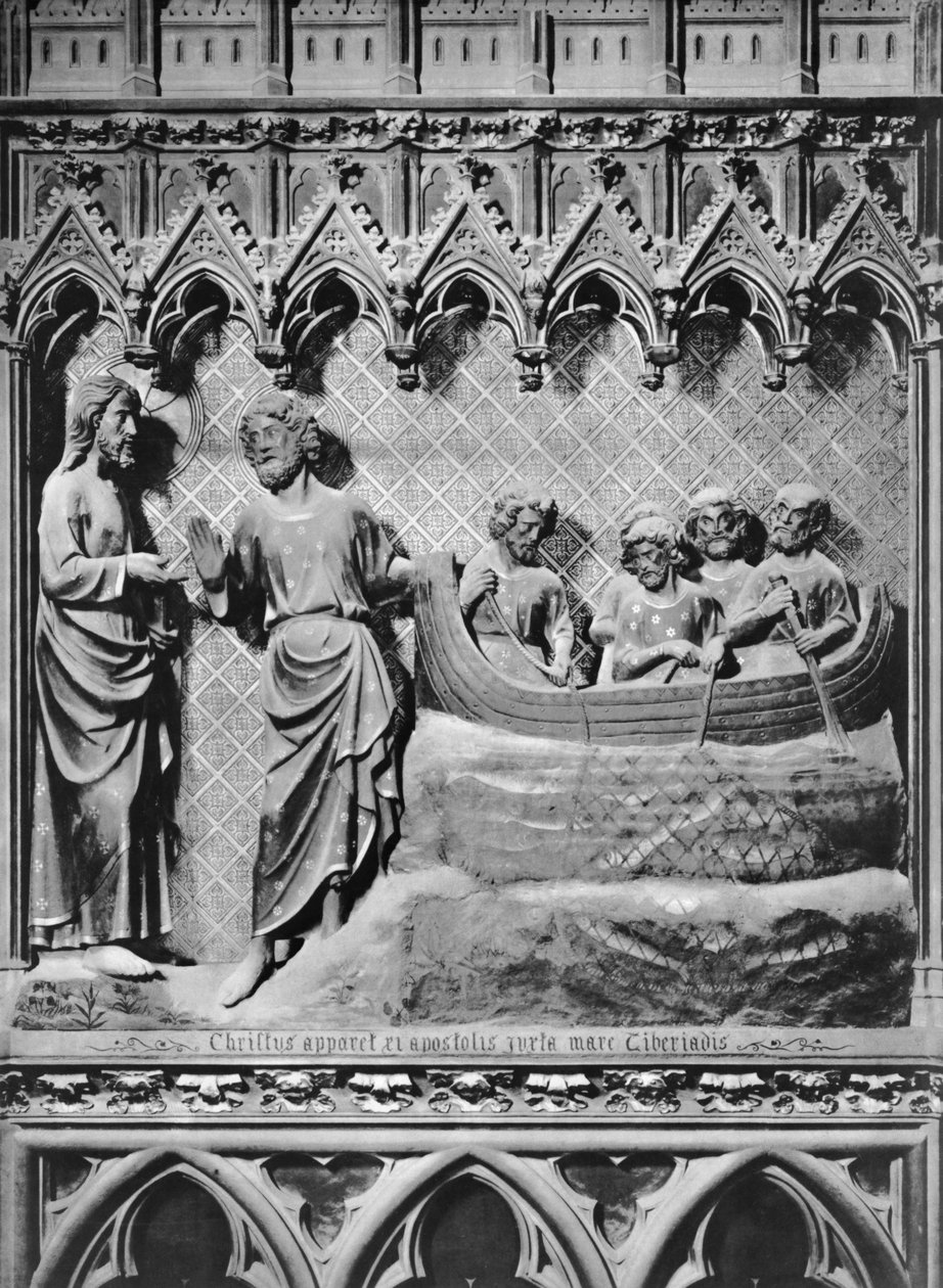 Katedral, interiør, korskærm, Jesus Kristus viser sig ved Tiberias-søen, det mirakuløse træk af fisk, ca. 1340-51 (polykrom sten) af Jean and Jean Le Boutellier Ravy