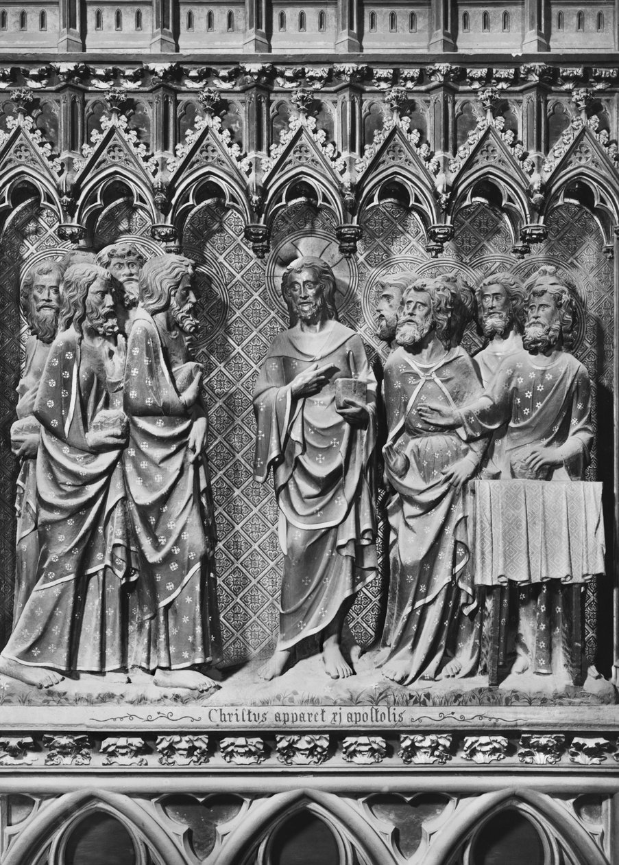 Katedral, interiør, korskærm, Jesus Kristus viser sig for apostlene, ca. 1340-51 (polykrom sten) af Jean and Jean Le Boutellier Ravy