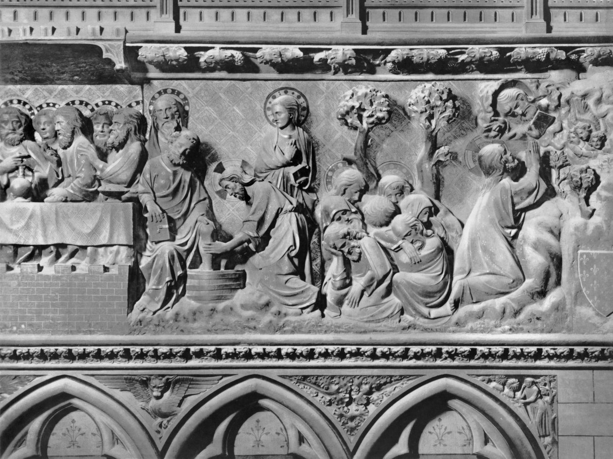 Katedral, interiør, korskærm, sidste nadver, Jesus Kristus vasker apostlenes fødder, Kristus i Olivenhaven, ca. 1340-51 (polykrom sten) af Jean and Jean Le Boutellier Ravy