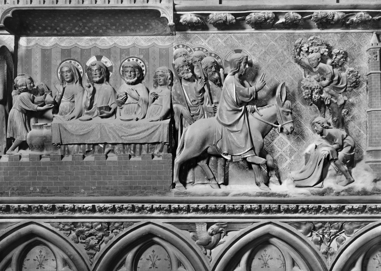 Katedral, interiør, korskærm, vielse i Kana, Kristi indtog i Jerusalem, ca. 1340-51 (polykrom sten) af Jean and Jean Le Boutellier Ravy