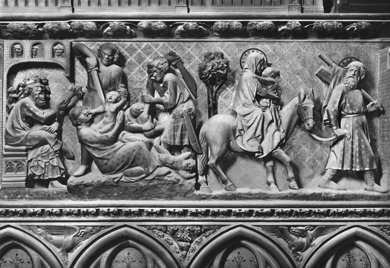 Katedral, interiør, korskærm, Massacre of Innocents og flugt til Egypten, ca. 1340-51 (polykrom sten) af Jean and Jean Le Boutellier Ravy
