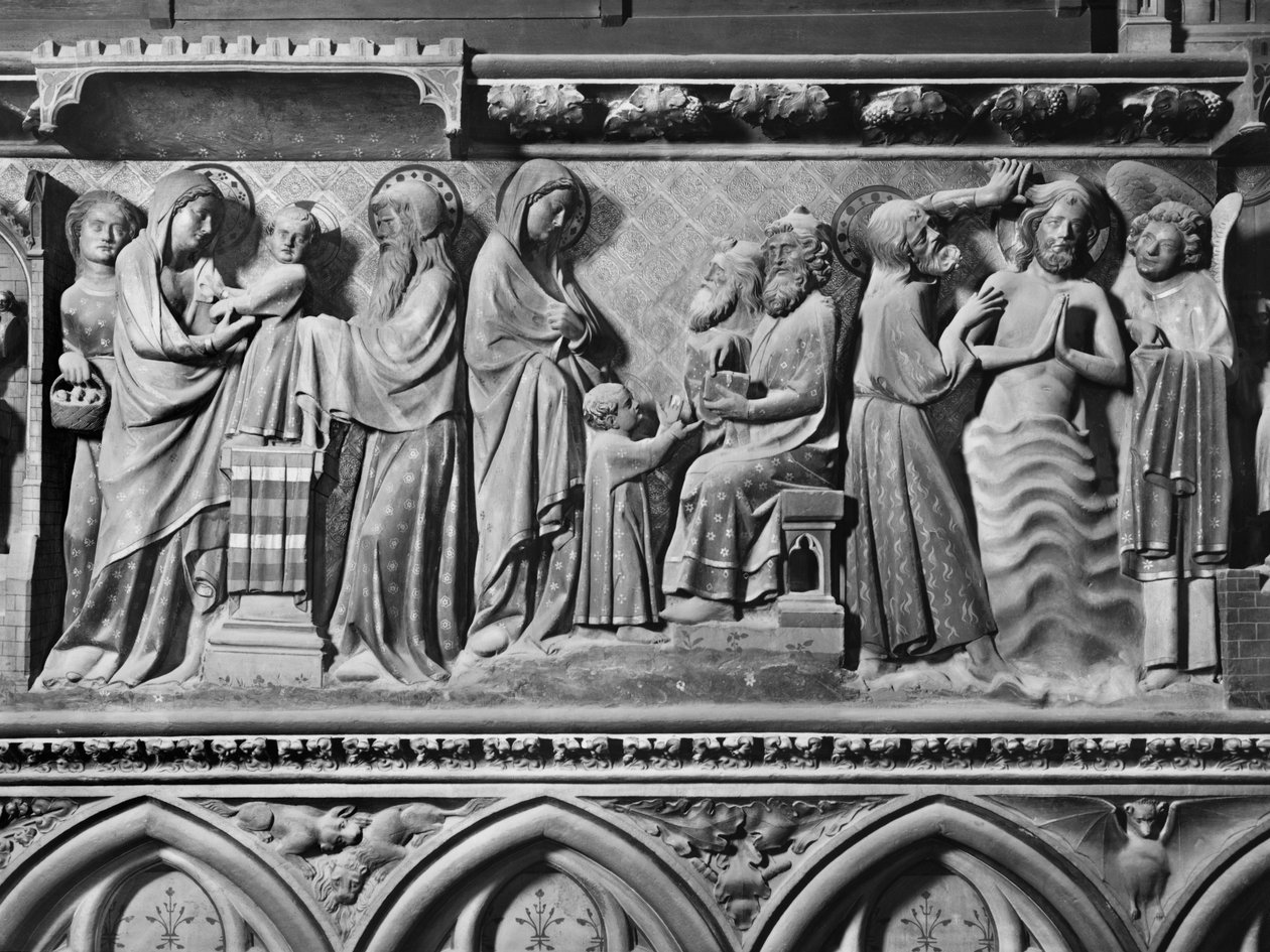 Katedral, interiør, korskærm, Præsentation af Jesus i templet, Jesus blandt lægerne, Kristi dåb, ca. 1340-51 (polykrom sten) af Jean and Jean Le Boutellier Ravy
