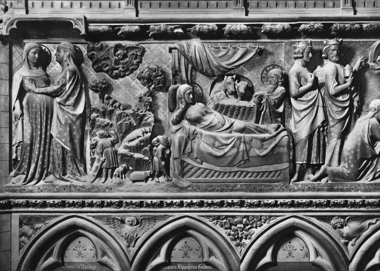 Katedral, interiør, korskærm, Visitation, Bebudelse til hyrderne, Fødsel, ca. 1340-51 (polykrom sten) af Jean and Jean Le Boutellier Ravy