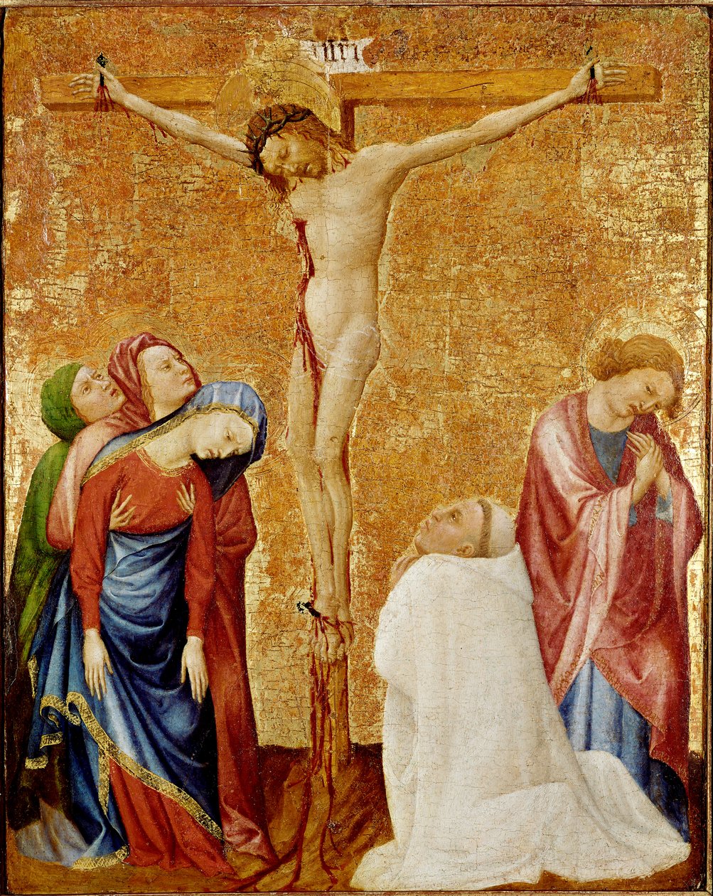 Golgata til karteusermunken. De tre jomfruer og Sankt Johannes omgiver korset. En karteusermunk knæler ved Kristi fod. Maleri af Jean de Beaumetz (1361-1396) af Jean de Beaumetz