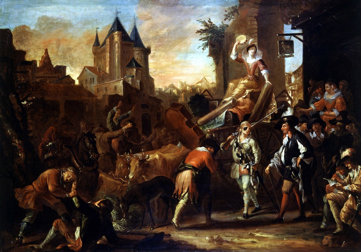Komikernes ankomst til Le Mans maleri, der illustrerer ""The Comic Roman"" af Paul Scarron (1610-1660). Maleri af Jean-Baptiste (Jean Baptiste) Coulom (eller Coulon) (ca. 1695-1735) af Jean de Coulom