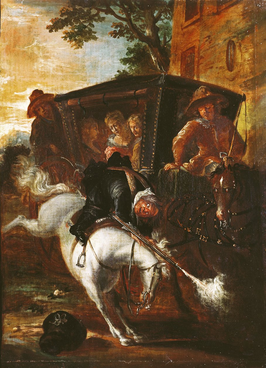 Med en musket på ryggen klatrer Ragotin op på sin hest for at ledsage truppen, fra 
